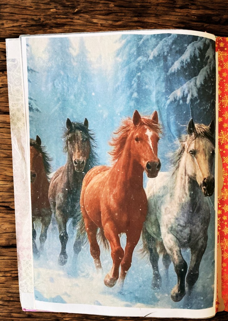 A group of four horses running through a snowy forest, with evergreen trees in the background.