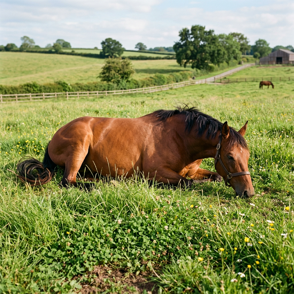 Chestnut horse lying in a wildflower meadow near a farm